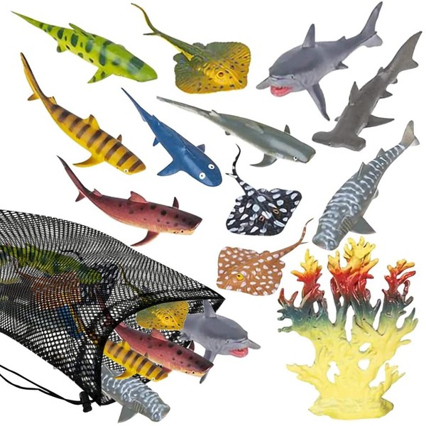 ArtCreativity Sharks & Rays in Mesh Bag, Pack of 12 Sea Creature Figurines in Assorted Designs, Bath Water Toys for Kids, Ocean Life Party Décor, Party Favors for Boys and Girls