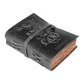 BeStill - Vintage Paper - Bible Journal - Psalm 46v10 Embossed Bible Inscription - Leather Bound Journal - Leather Journal - Writing Notebook (Black, 8 inches X 6 inches)