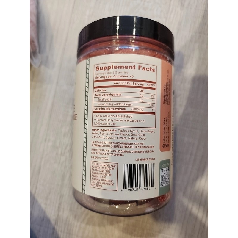 Cabana Creatine Monohydrate 5g Watermelon Flavored 120 Gummies -3 per