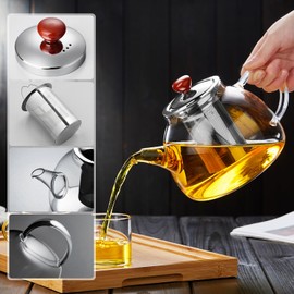 Pocaro Tea Pot, Round Body, Large Capacity, Full Water Capacity, 30.1 fl oz (1,300 ml), Stainless Steel Infuser, Fine Mesh, Jumping, Clear, Teapot, Suitable for Direct Fire, Hot Water, Lid Included,