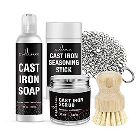 Culina Cast Iron Seasoning Stick & Soap & Restoring Scrub & Stainless Scrubber & brush| All Natural Ingredients | Best for Cleaning, Non-stick Cooking & Restoring | for Cast Iron Cookware, Skillets