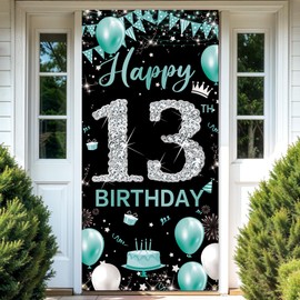 PHXEY 13th Birthday Decoration for Girls, Fabric Happy 13th Birthday Door Banner Teal Silver, Sweet 13 Year Old Birthday Party Yard Sign Photo Booth Props Backdrop Decor Supplies
