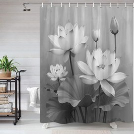 Lotus Shower Curtain Elegant Black White Grey Flowers Leaves Traditional Orient Floral Nature Plant Polyester Fabric Bathroom Decor 70×70 Inch with Hook