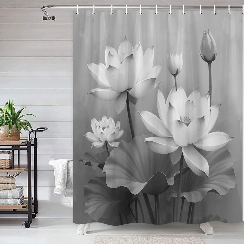 Lotus Shower Curtain Elegant Black White Grey Flowers Leaves Traditional