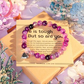 CCAIPU Crystal Bracelet for Women, 8MM Gemstone Bead Bracelet Heart Pendant Bracelets Anti Anxiety Bracelet Jewellery Gifts for Mother Ladies (White-Cross)