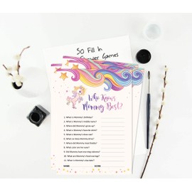 Inkdotpot 50 Pack Who Knows Mommy Best Baby Shower Game Cards Unicorn Gender Neutral Fun Activity Cards