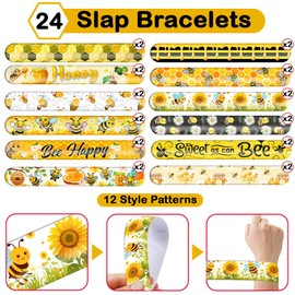 48PCS Bee Themed Party Set | 24PCS Slap Bracelets & 24PCS Rubber Bracelets Silicone Wristbands Birthday Party Supplies Decorations Gifts Carnival Prizes