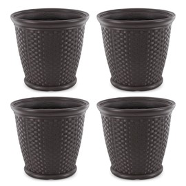 Suncast Sonora 22" Plastic Wicker Indoor or Outdoor Decorative Garden Flower Planter for Entryways, Porch, and Backyard Patios, Dark Brown (4 Pack)