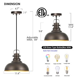 Haolaike 2 Packs Farmhouse Pendant Lights Kitchen Island Adjustable Pendant Light Fixtures Rustic Industrial Hanging Lamp,Oil Rubbed Bronze