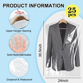 BEISHIDA 25PCS 35.5 Inch Plastic Garment Bag-Plastic Clear Dry Cleaner Laundry Bags for Clothes Cover Hanging Clothes Storage for Coat Suit Shirt Jacket Skirt