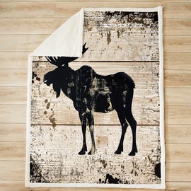 Moose Fleece Throw Blanket for Bed Sofa Kids Retro Wild Moose Plush Fuzzy Blanket Women Men Vintage Black Wildland Animal Sherpa Blanket Rustic Hunting Theme Throw Blanket Twin 60"x80"