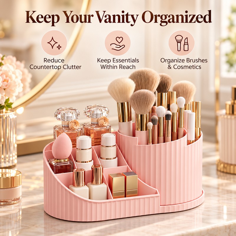 360° Rotating Makeup Organizer for Vanity – Multi-Compartment Cosmetic Storage