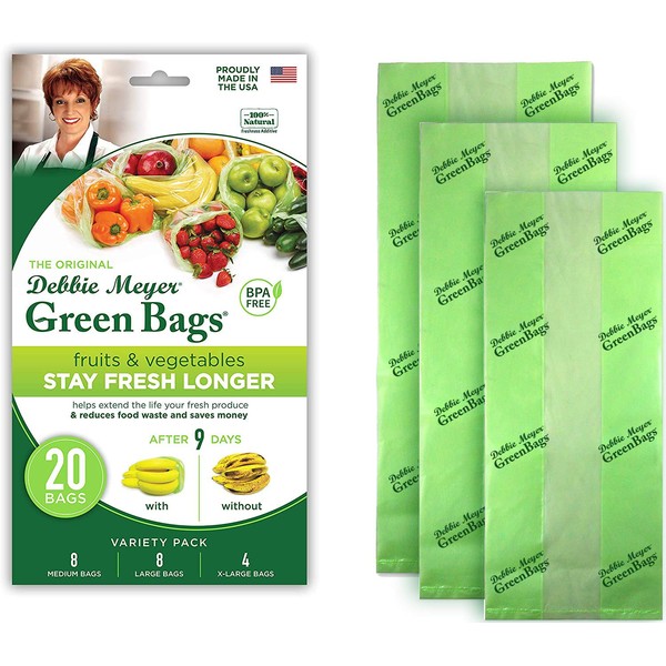 Debbie Meyer GreenBags 20-Pack (8M, 8L, 4XL) – Keeps Fruits, Vegetables, and Cut Flowers, Fresh Longer, Reusable, BPA Free, Made in USA