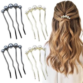 Paquete de 4 Horquillas con Perlas, Peinetas Laterales En Forma de U con Perlas, Horquillas de 4 Puntas para Recogidos, Horquillas Vintage, Horquillas Francesas con Perlas, Accesorios para Bod
