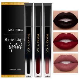 MAKI YIKA 3Pcs Matte Liquid Lipstick Makeup Set, Black Dark Red Nude Lipstick Long Lasting Smudge Proof Transfer Proof Lip Makeup |Black/Dark/Red Nude