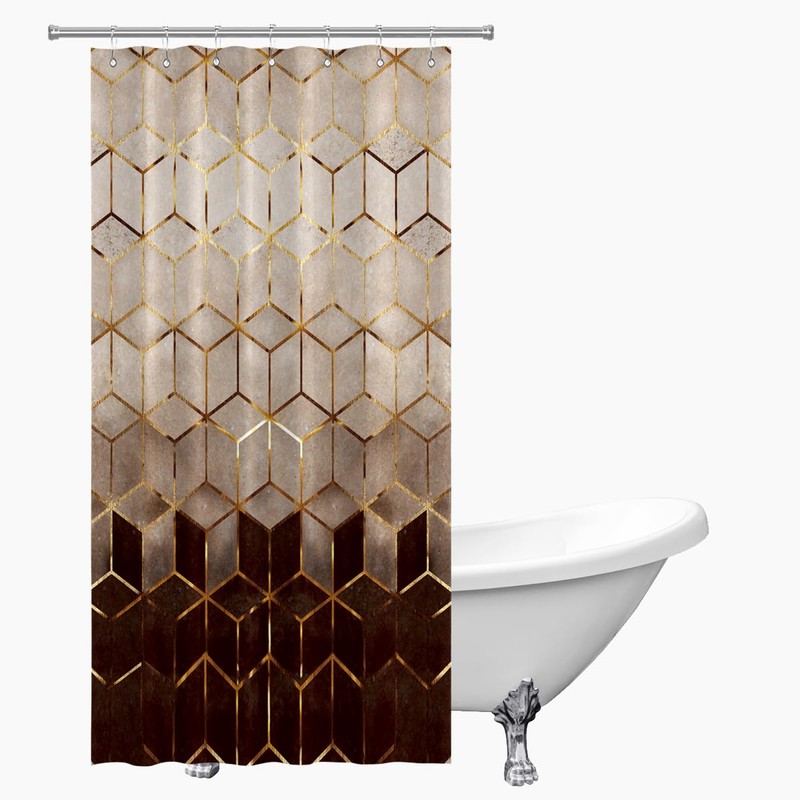 BIYSUC Ombre Brown Marble Shower Curtain Abstract Geometric Grid Cubic