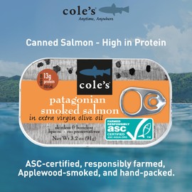 COLE'S SEAFOOD - Hand Packed Smoked Salmon in Olive Oil, Preservative Free Seafood, Canned Fish, High in Protein and Omegas, 3.2 oz Can | Single