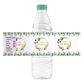 URROMA 50 Pcs Happy Birthday Water Bottle Labels, Eucalyptus Leaf Pattern Water Bottle Stickers Drinks Wrappers for Birthday Party Decor