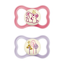 MAM Air Night Soothers 16 Months+ (Pack of 2), Glow in the Dark Baby Soothers with Self Sterilising Travel Case, Newborn Essentials, Pink, (Designs May Vary)