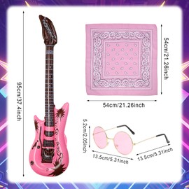 TUONYIS 6 Pcs Rockstar Fancy Dress Kids Punk Rock Star Fancy Dress Kids Rockstar Costume Gothic Rocker Costume Set with Gloves Sunglasses Bandana Inflatable Guitar Microphone Necklaces (Pink)
