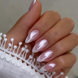 White French Tip Press On Nails Almond - KQueenest Chrome Press On Nails Medium, Glazed Natural Pink Fake Nails Press on Mirror Shine French Glue on Nails Medium, Cute Stick On Nails for Women