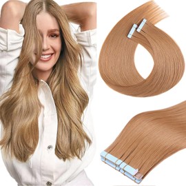 Mscat Tape in Hair Extensions 50% Remy Human Hair Mixed 22 Inch 20Pcs 50g/pack Light Brown Invisible Straight Hair Extensions Tape in(22Inch Light #27 Brown)