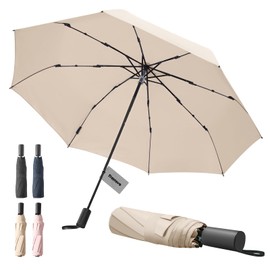 Trenovo Travel Umbrella Compact Umbrella - Folding Portable Small Umbrellas for Rain Backpack Car Men Women Beige