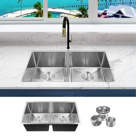 KABCO 18 Gauge 31 Inch Double Bowl Undermount Stainless Steel Kitchen Sink with 2 Pieces Sink Accessories, Rust Resistant Sound and Heatproof Laser Cut Tight Radius Sink for Indoor or Outdoor Kitchens