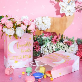 TaoBary 16 Pcs Little Star Gift Bags with 16 Tissue Twinkle Twinkle Little Star Moon Party Favors Paper Candy Goodie Bags with Handles for Baby Shower Birthday Party Supplies(Pink)