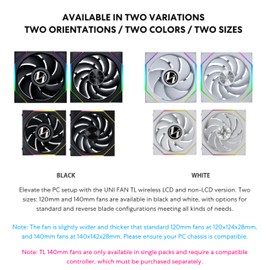 Lian Li UNI Fan TL - Wireless 140 - Single Pack - 2.4 GHz Wireless Signal ARGB Fan Control - Dual-Zone Lighting - Fluid Dynamic Bearing - 140mm - Controller NOT Included & Required - Black (14TL1W1B)