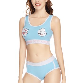 CutiePlusU Women Cotton Unlined Bralette Camisole and Panties Sports Loungewear Set- Lovely Cat's Paws SkyBlue 4XL