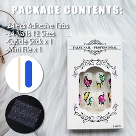 24Pcs Valentines Press on Nails Medium Almond Shape Nails Colour Heart Fake Nails with Glue Yellow Blue Pink Purple Heart Acrylic Nails Design Valentines Day False Nails Stick on Nails for Women