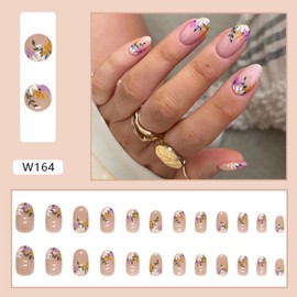 Flower False Nails - Oval Press On Nails Short - Nude Fake Nails With Floral Design - Spring Short Stick On nails - Acrylic Full Cover Glue On nails For Women Girls nail DIY - 24pcs, 12sizes
