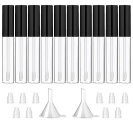 GTHER 10PCS 10ML Empty Lip Gloss Containers Tube with Wand, Refillable Lip Balm Bottles, Lipstick Sample Container and Funnel and Rubber Stoppers for Girls DIY Lip Samples, Black Top