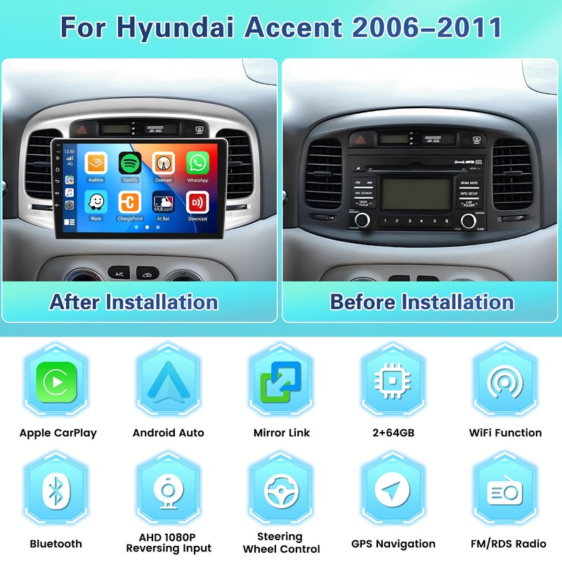 2+64GB Android Car Stereo for Hyundai Accent 2006-2011 Wireless Carplay