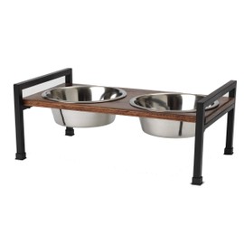 PetRageous 15014 Martinique Wood Non-Slip Table and Steel Frame Dog Diner 6.5-Cup Capacity per Two Removable Stainless-Steel Bowls 5.25-in Tall Elevated Pet Feeding Tray for Large Dogs, Brown