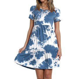 TAOHUADAO 2025 Summer Dresses for Women Short Sleeve Ruffle Casual Sundress with Pockets Large, Blue tie dye