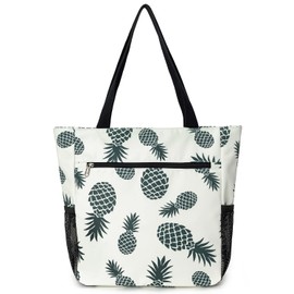 ETidy Large Capacity Foldable Tote Bag With Zipper Water-resistant SandproofWomen Beach Bag Handbag GymBag Travel ShoppingBag, Green Pineapple, Large, Casual Daily Use