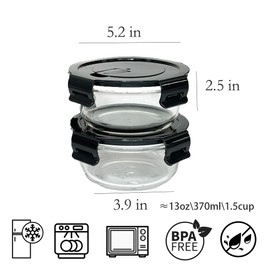 R.repad yay 12Oz Round Glass Food Containers With Lids, Small Round Glass Meal Prep Containers,1.5 Cup Clear Food Storage Containers With Lids BPA-Free, Microwave, Dishwasher, Freezer Safe（Black）
