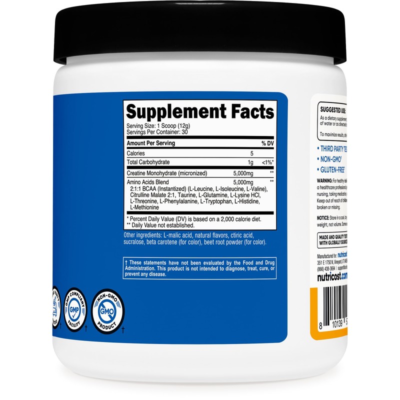Nutricost Creatine + Aminos 30 Servings (Peach Mango Flavored) -