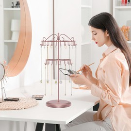 iDavosic.ly 2-Tier Chain Stand Jewellery Rotatable 42 Hooks Chain Necklace Storage Metal Chain Holder for Bracelets Ring Bracelet Sunglasses Rose Gold