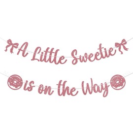 A Little Sweetie is on the Way Banner - Coquette Sweetie Baby Shower Decor, Pink Bow Donut Baby Shower Gender Reveal Party Decorations Rose Gold Glitter