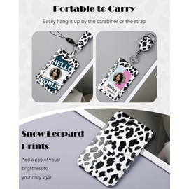 Uniclife Fashionable Sliding ID Badge Holder Snow Leopard Print Plastic Card Holder with Retractable Badge Reel Carabiner Detachable Lanyard Vertical Card Protector for Office Worker Teacher Student
