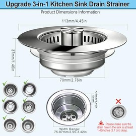 3-in-1 Kitchen Sink Drain Strainer Stopper, Upgraded Stainless Steel Sink Plug with Anti-Clog Filter Basket, Fits Standard 3-1/2 Inch Drain Hole, Pop Up Garbage Disposal Cover Food Catcher