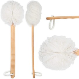 DecorRack Bath Sponge with Wooden Handle, Shower Loofah Brush, Back Cleaning Scrubber, Long Curved Handle, Exfoliate, Rejuvenate Skin, Body Bathing Sponge with Large Mesh Pouf (2 Pack)