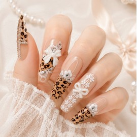 Hime Gyaru Leopard Handmade Nail Tips - Coffin Egg / 히메 갸루 레오파드 수제네일팁 - 코핀에그