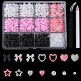 TemBelle 940 Pcs Nail Charms ,3D 8 Colors Bow Nail Charms+ Pink&White Star Heart Moon 2-4mm White Nail Pearl (A Set 9- 8 Colors)