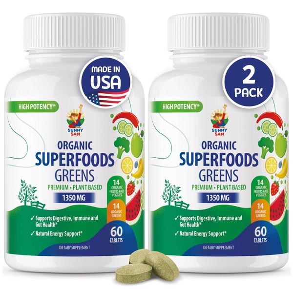 SUNNY SAM Super Food Green Supplements for Adults -120count- Organic