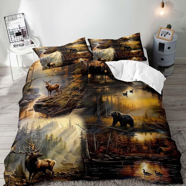 LUVIVIHOME 3PCS Black Bear Moose Elk Deer Duvet Cover Full