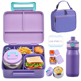 MAISON HUIS Kids Bento Box Set - Includes 8oz Soup Thermo, Insulated Lunch Bag & 17oz Stainless Steel Water Bottle, 5-Compartment Bento Box with Built-In Ice Pack, Leak-Proof & BPA-Free(Purple)